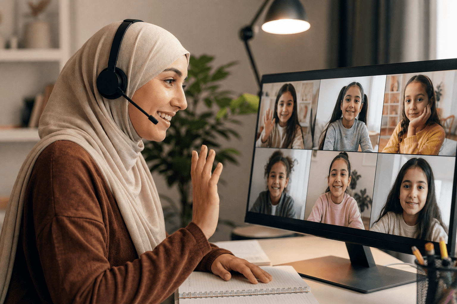 أستاذة تقود حصة جماعية للأطفال