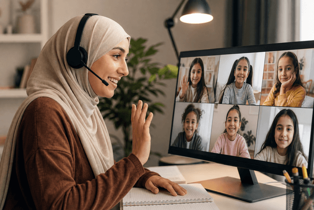 أستاذة محجبة مع بنات في حصة جماعية