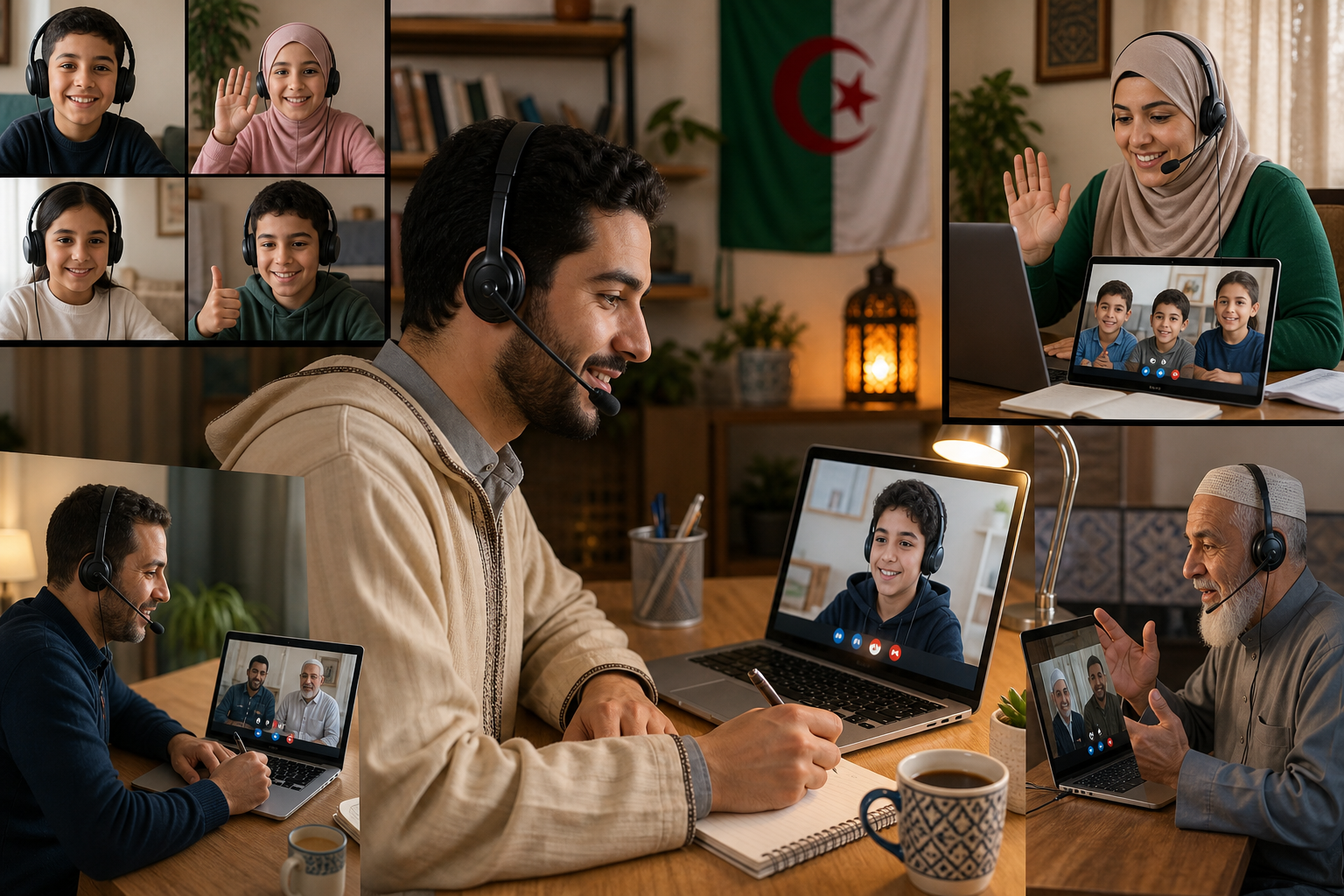 شبكة بث مرئي بكل الأعمار مع سماعات رأس وأساتذة أمام الشاشات